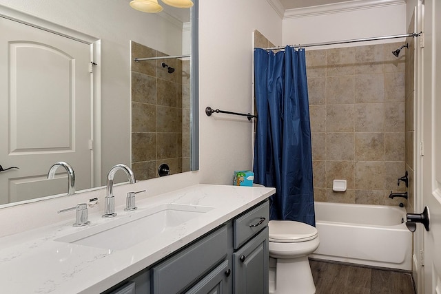 full bathroom with toilet, shower / bath combination with curtain, ornamental molding, and wood finished floors