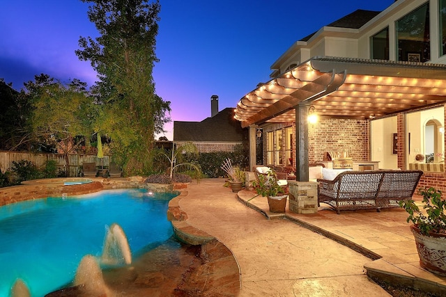 view of pool with a fenced in pool, a fenced backyard, an in ground hot tub, a patio area, and a pergola