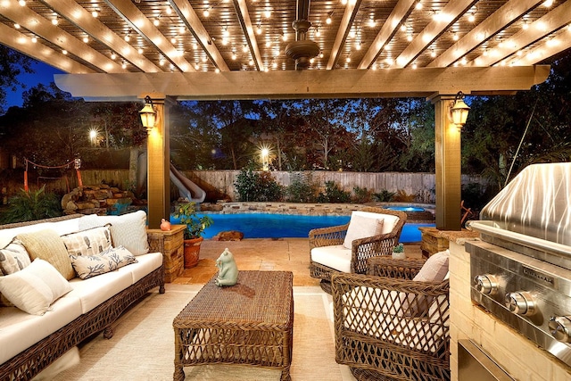 view of patio featuring a fenced in pool, a fenced backyard, an outdoor living space, and a pergola