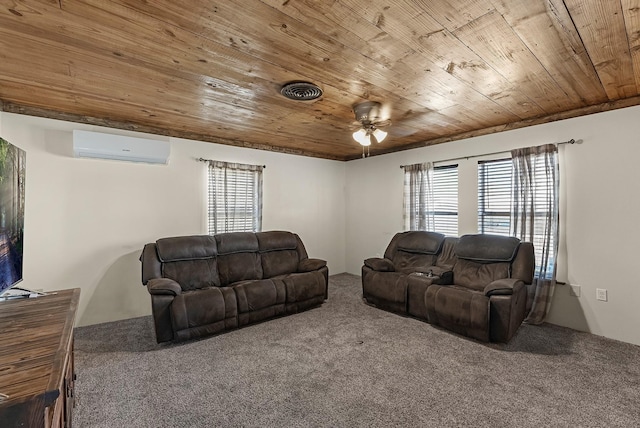 living room featuring a wall mounted air conditioner, visible vents, a ceiling fan, carpet floors, and wooden ceiling