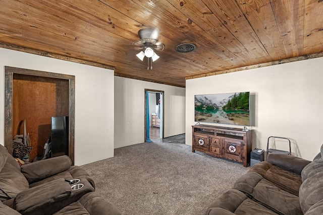 carpeted living room featuring visible vents, wood ceiling, and a ceiling fan