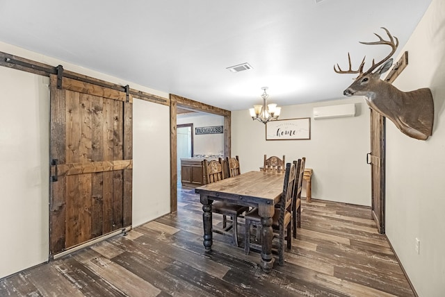 dining room featuring a wall unit AC, a notable chandelier, visible vents, and wood-type flooring