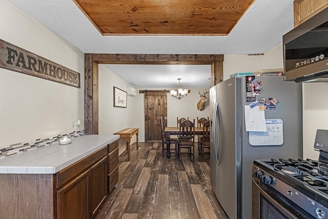 kitchen with dark wood-style floors, appliances with stainless steel finishes, a raised ceiling, and an inviting chandelier