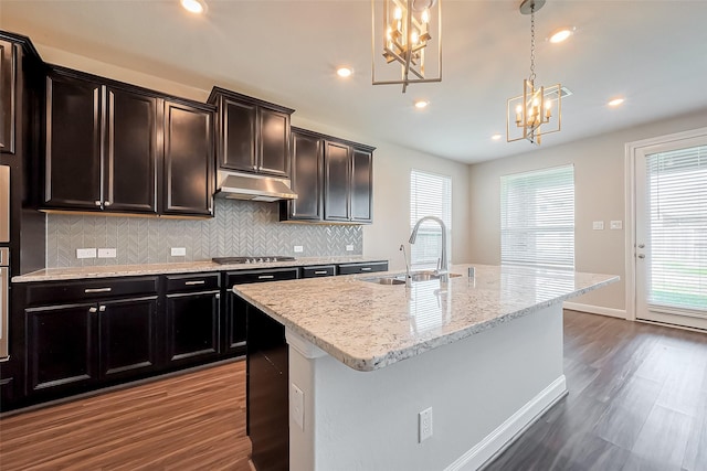 kitchen featuring dark wood-style floors, tasteful backsplash, appliances with stainless steel finishes, a sink, and under cabinet range hood