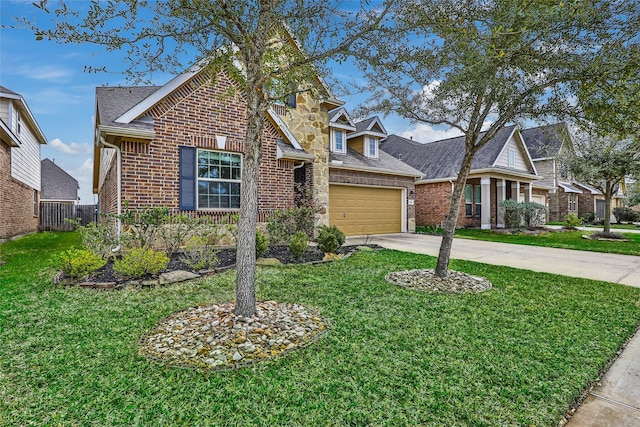 view of front facade featuring a garage, brick siding, concrete driveway, stone siding, and a front lawn