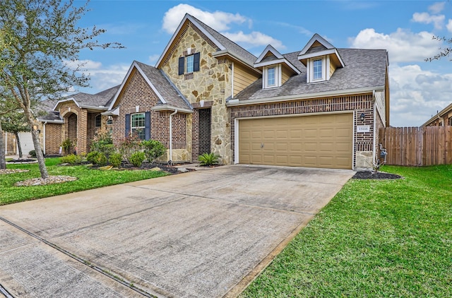 traditional home featuring brick siding, concrete driveway, fence, a garage, and a front lawn