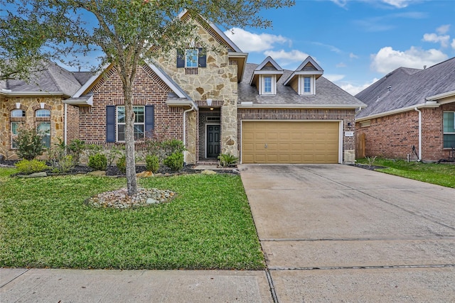 traditional home with a garage, stone siding, brick siding, and concrete driveway