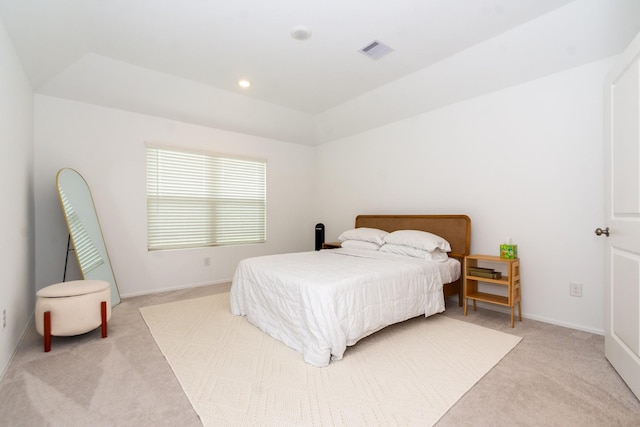 carpeted bedroom with recessed lighting, baseboards, and visible vents