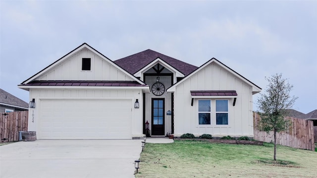 modern farmhouse style home with concrete driveway, a standing seam roof, and board and batten siding