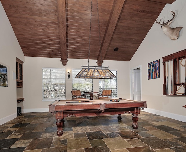 playroom featuring pool table, wooden ceiling, and baseboards