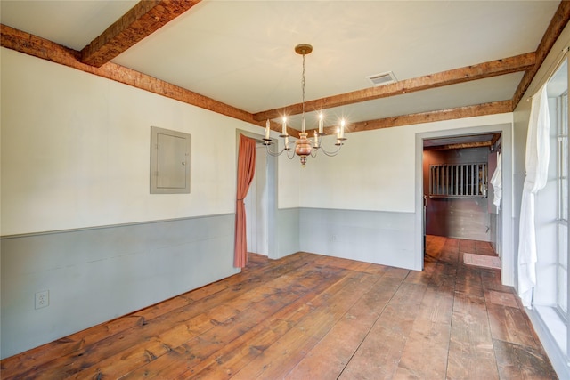 unfurnished dining area featuring electric panel, visible vents, beam ceiling, wood-type flooring, and a notable chandelier