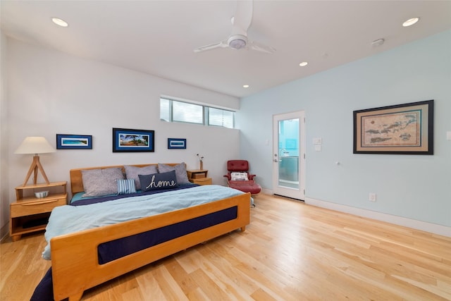 bedroom featuring recessed lighting, ceiling fan, baseboards, and wood finished floors