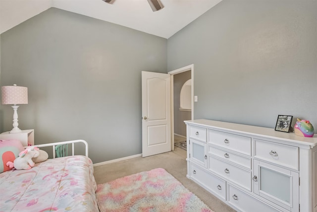 1731 Red Oak Ter, Houston, TX 77339 - bedroom with light colored carpet, lofted ceiling, baseboards, and ceiling fan