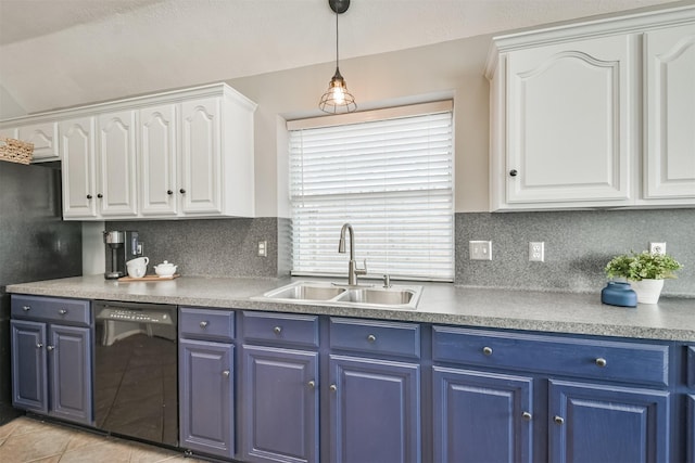 kitchen featuring black dishwasher, blue cabinetry, a sink, and white cabinetry