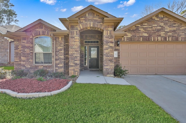 ranch-style home with a garage, concrete driveway, brick siding, and a front lawn