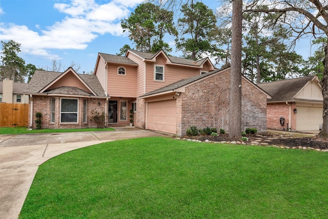 view of front of house with brick siding, concrete driveway, a front lawn, and roof with shingles