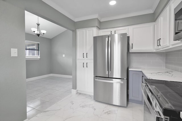 kitchen featuring stainless steel appliances, tasteful backsplash, ornamental molding, light stone countertops, and baseboards