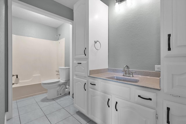 full bathroom with a textured wall, toilet, vanity, shower / tub combination, and tile patterned flooring