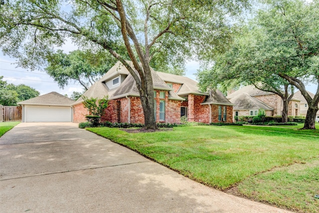 view of front of home featuring brick siding, roof with shingles, fence, a garage, and a front lawn