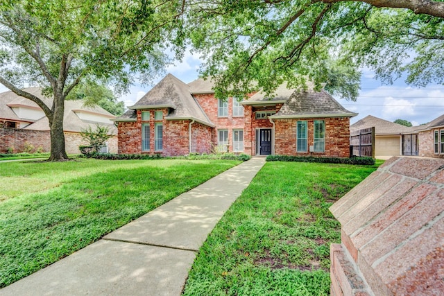 view of front of house featuring brick siding, a front yard, and a shingled roof