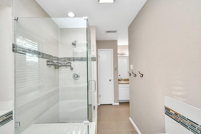 full bath featuring visible vents, a stall shower, tile patterned flooring, and vanity