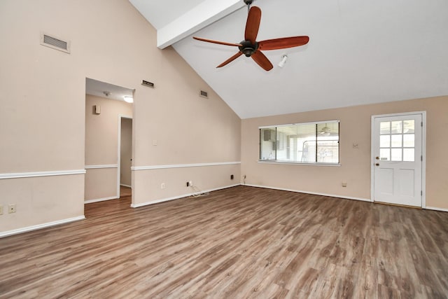 unfurnished living room with ceiling fan, visible vents, beam ceiling, and wood finished floors