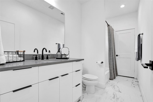 full bathroom with baseboards, toilet, marble finish floor, vanity, and recessed lighting