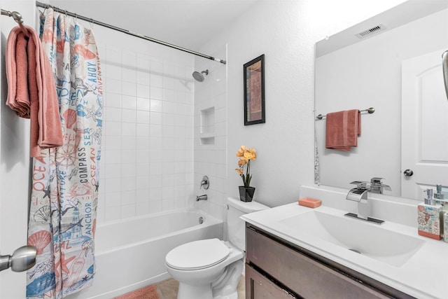 bathroom with toilet, visible vents, shower / tub combo with curtain, and vanity