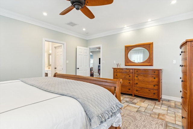 bedroom featuring ornamental molding, recessed lighting, visible vents, and stone tile floors