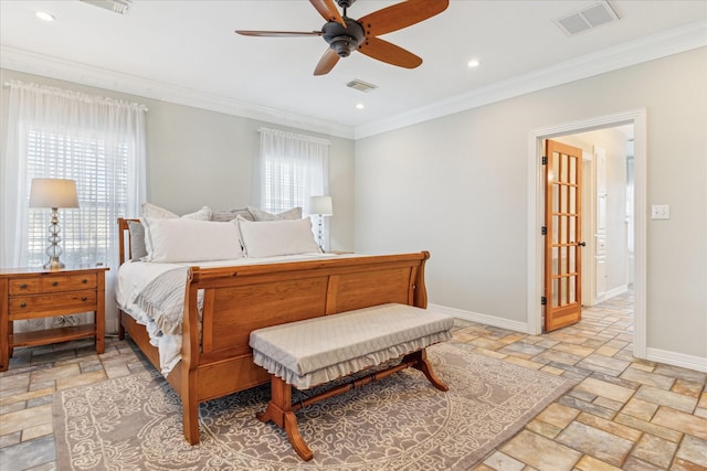 bedroom with baseboards, multiple windows, visible vents, and stone tile floors