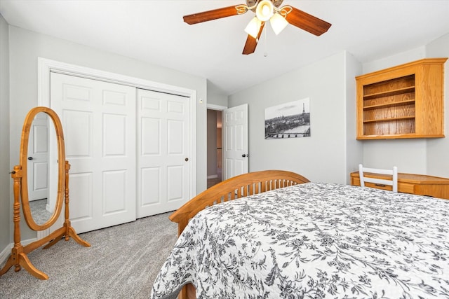 bedroom with a closet, carpet flooring, and ceiling fan