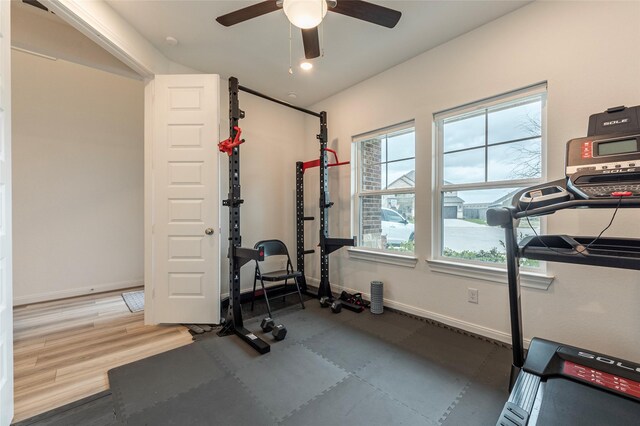 workout area with recessed lighting, wood finished floors, baseboards, and ceiling fan