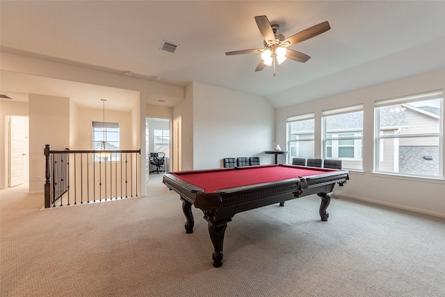 rec room featuring visible vents, baseboards, lofted ceiling, carpet flooring, and billiards