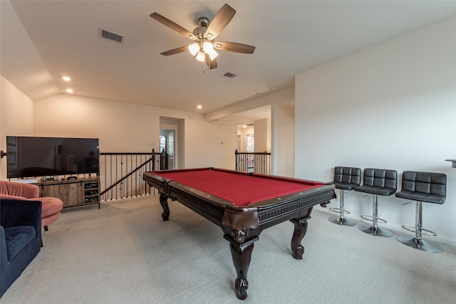 game room featuring vaulted ceiling, recessed lighting, visible vents, and carpet floors