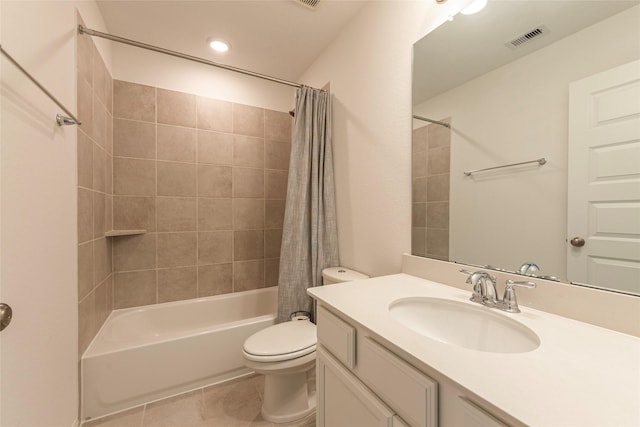 full bath with visible vents, toilet, shower / bath combination with curtain, tile patterned flooring, and vanity