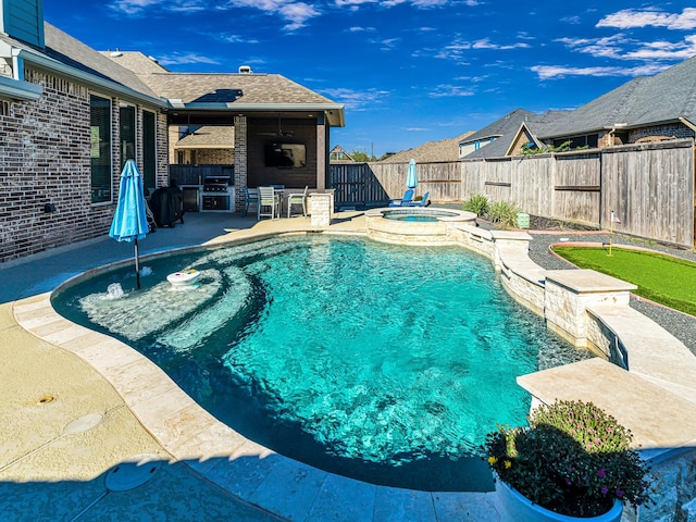 view of pool with a ceiling fan, a fenced backyard, grilling area, a patio area, and a pool with connected hot tub