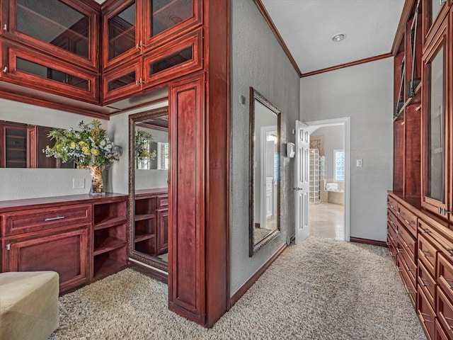 interior space featuring a textured wall, ornamental molding, carpet flooring, and baseboards