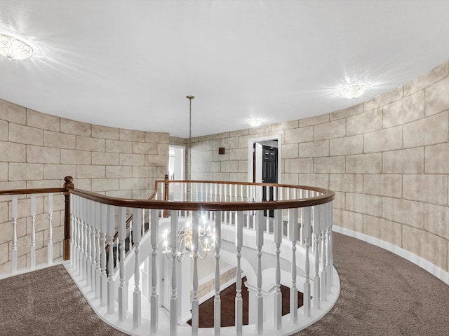 7714 Hertfordshire Dr, Spring, TX 77379 - corridor with an upstairs landing, carpet floors, and tile walls