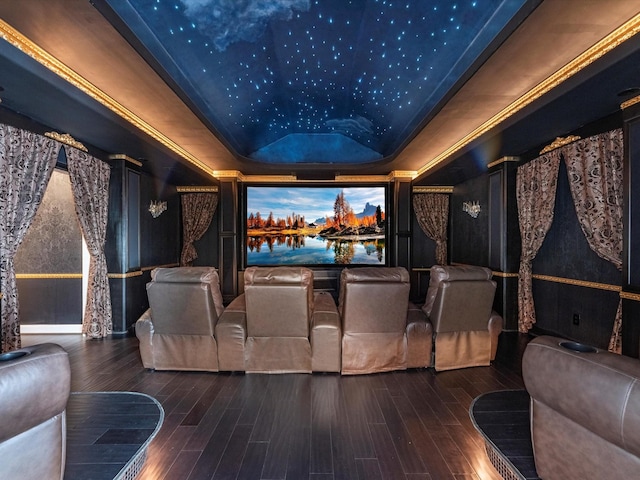 home theater featuring a raised ceiling and wood finished floors