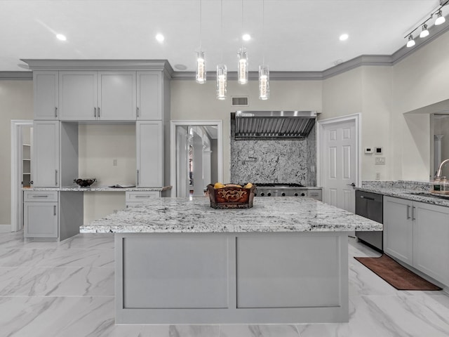 7714 Hertfordshire Dr, Spring, TX 77379 - kitchen featuring stainless steel dishwasher, gray cabinetry, crown molding, decorative backsplash, and a center island
