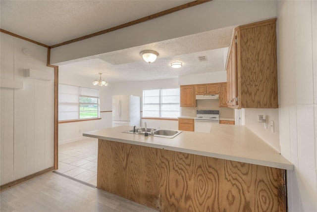 kitchen with a sink, a textured ceiling, a peninsula, white appliances, and under cabinet range hood