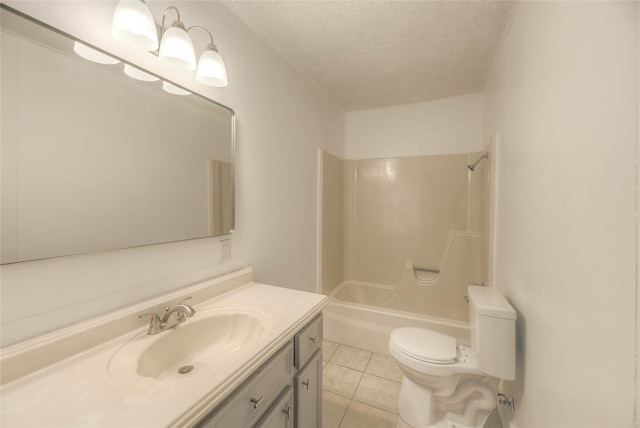 full bath featuring toilet, vanity, shower / tub combination, a textured ceiling, and tile patterned floors