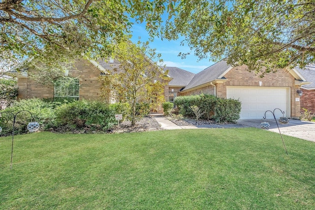 view of front of house with brick siding, a shingled roof, a garage, driveway, and a front lawn