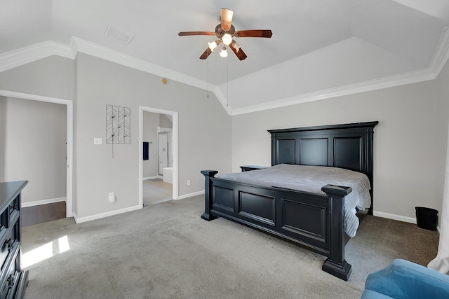 bedroom with lofted ceiling, baseboards, ornamental molding, and light colored carpet