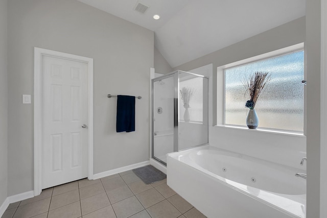 bathroom featuring a whirlpool tub, a shower stall, visible vents, and tile patterned floors