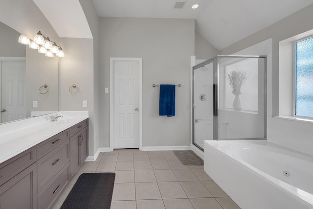 full bathroom with visible vents, tile patterned flooring, vaulted ceiling, vanity, and a shower stall