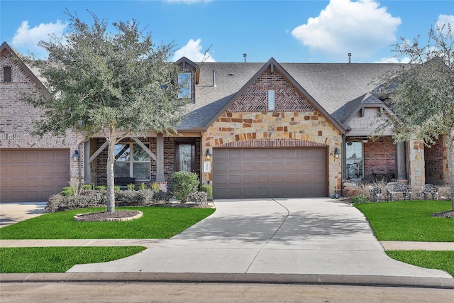 view of front of home featuring driveway, a garage, stone siding, a front lawn, and brick siding