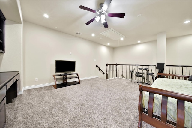 carpeted bedroom featuring visible vents, baseboards, attic access, and recessed lighting