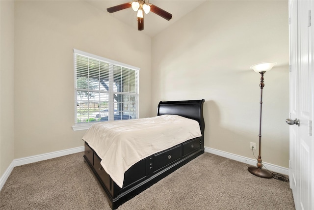 bedroom with carpet, a ceiling fan, and baseboards