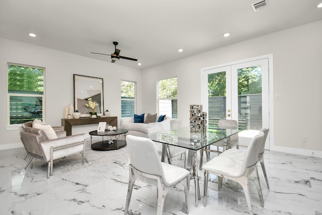 dining space featuring baseboards, marble finish floor, visible vents, and recessed lighting